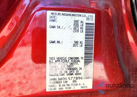 2015 Nissan Altima 3.5S z USA, uszkodzony, nr VIN 1N4BL3AP2FC577896